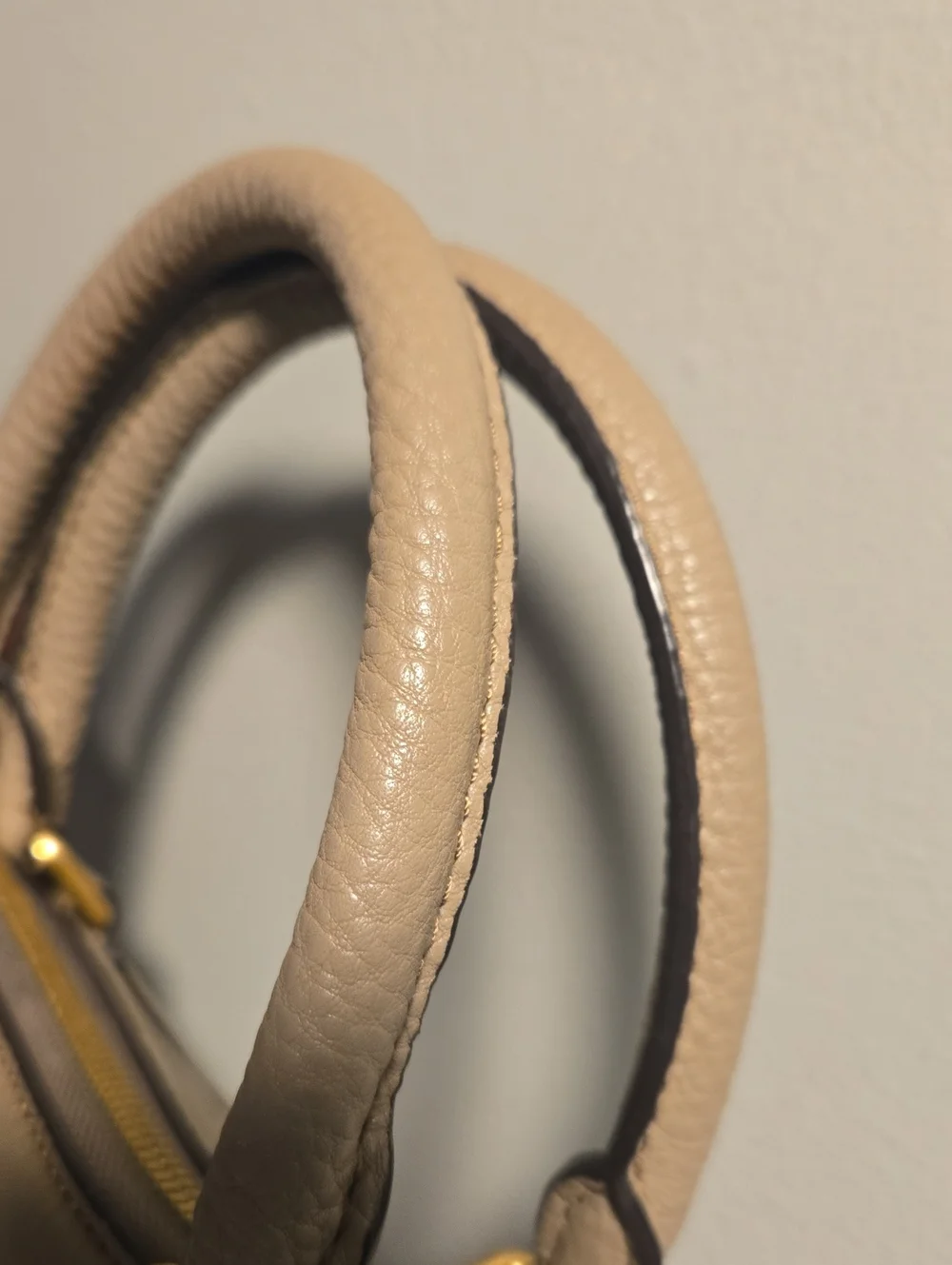 MCM Pebbled Taupe Leather Satchel with Gold Plaque